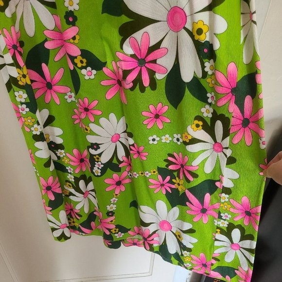 Vtg 70s The Sample Shop Hawaiian Barkcloth Maxi Dress Vibrant Green Pink Retro - Picture 4 of 6